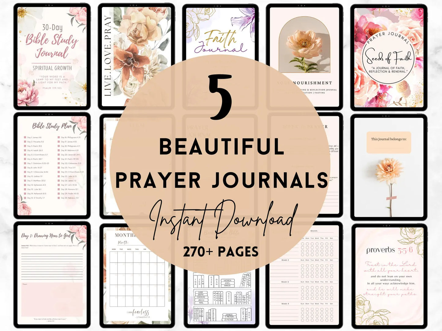 📖 Paquete de descarga digital de 5 hermosos diarios de oración 