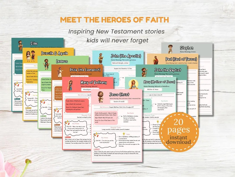 Héroes del Nuevo Testamento: Guía completa de estudio de personajes para niños (20 lecciones llenas de fe) 
